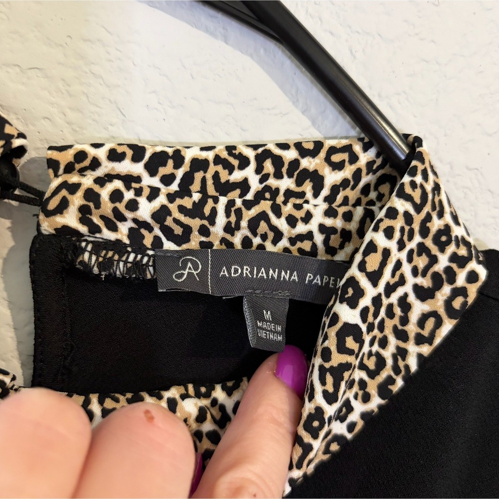 Adrianna Papell Black Leopard Print Mixed Media Layered Top MEDIUM - Picture 3 of 5